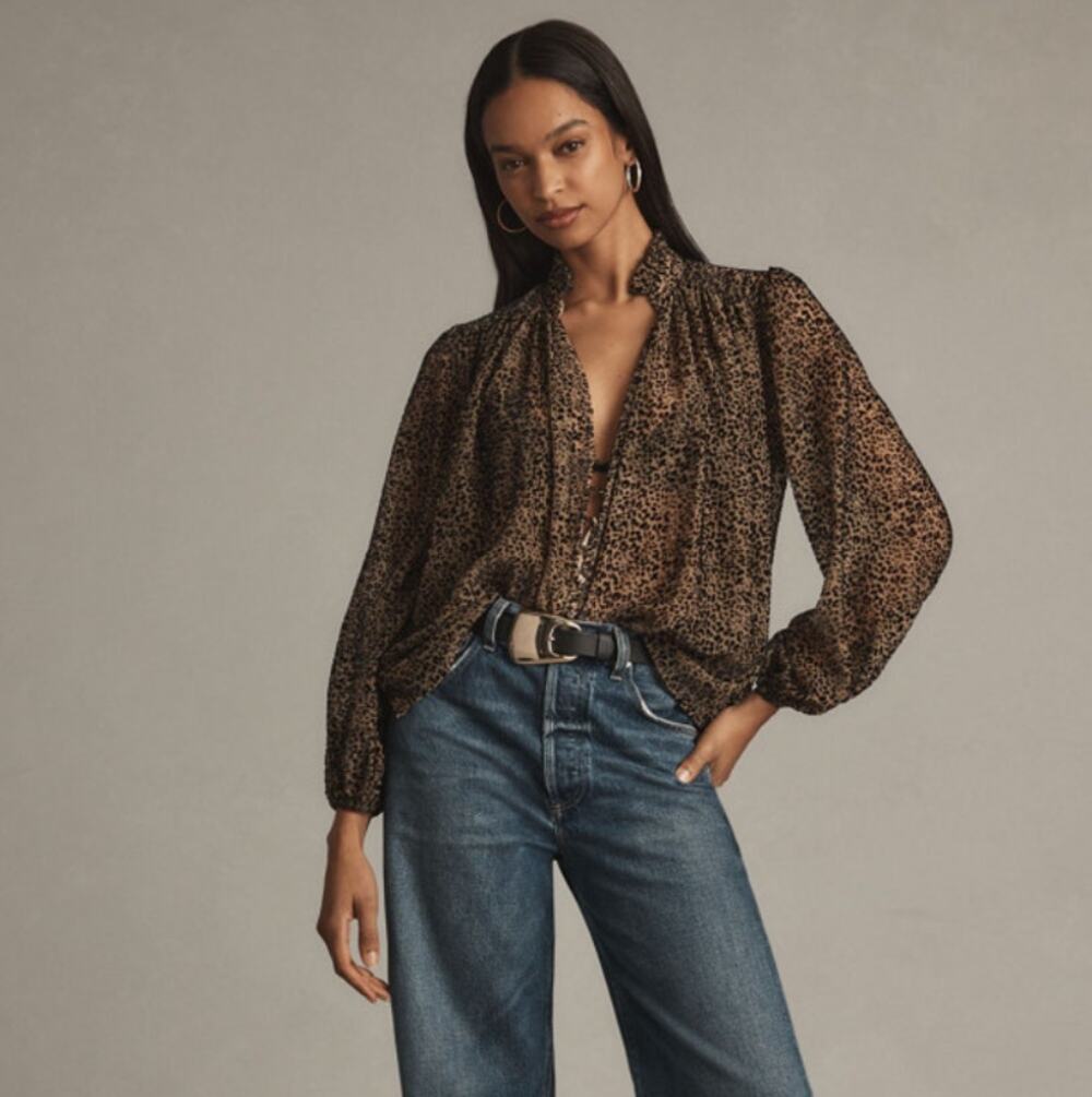 NWT ANTHROPOLOGIE 'Estela' Leopard Animal Print Blouse MSRP $128 | PETITE Medium